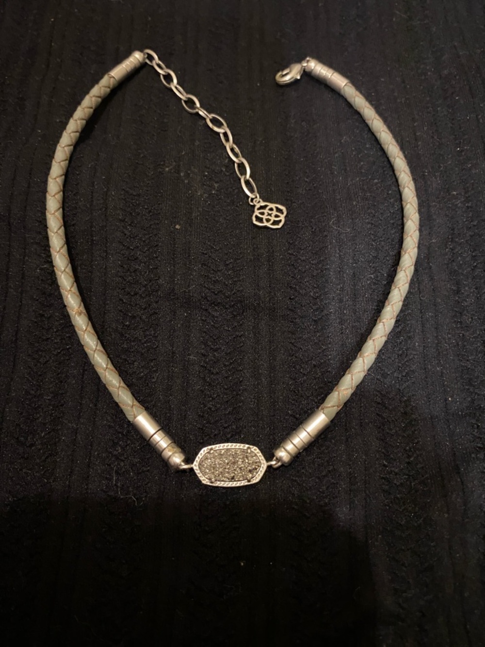 Kendra Scott Gray Braided Leather Necklace with Pave Oval Pendant